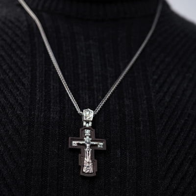 Silver cross "Crucifixion. Save and Protect" with ebony wood