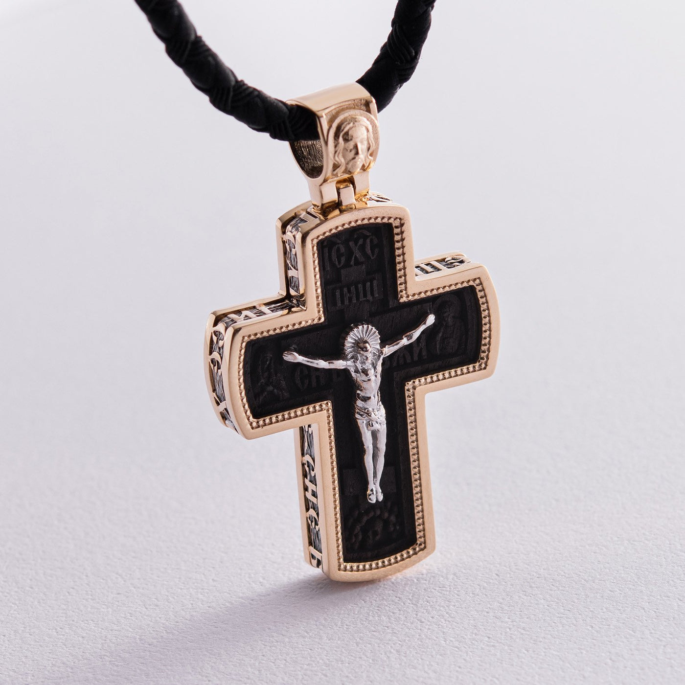 Men's Orthodox cross made of ebony wood and gold "Crucifixion"