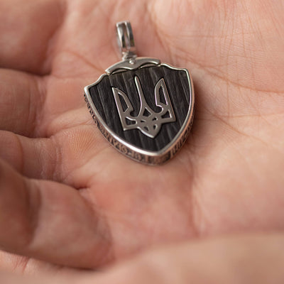 Sterling Silver Pendant "Arms of Ukraine - Trident. Guardian Angel. Glory to Ukraine - Glory to Heroes" with ebony wood