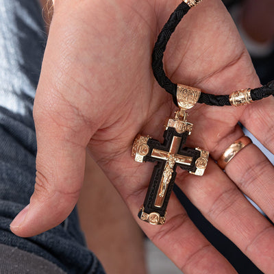 Men's Orthodox cross made of ebony wood and gold "Crucifixion. Save and Protect"