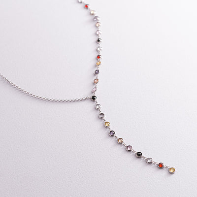 Silver tie necklace with multicolored cubic zirconia