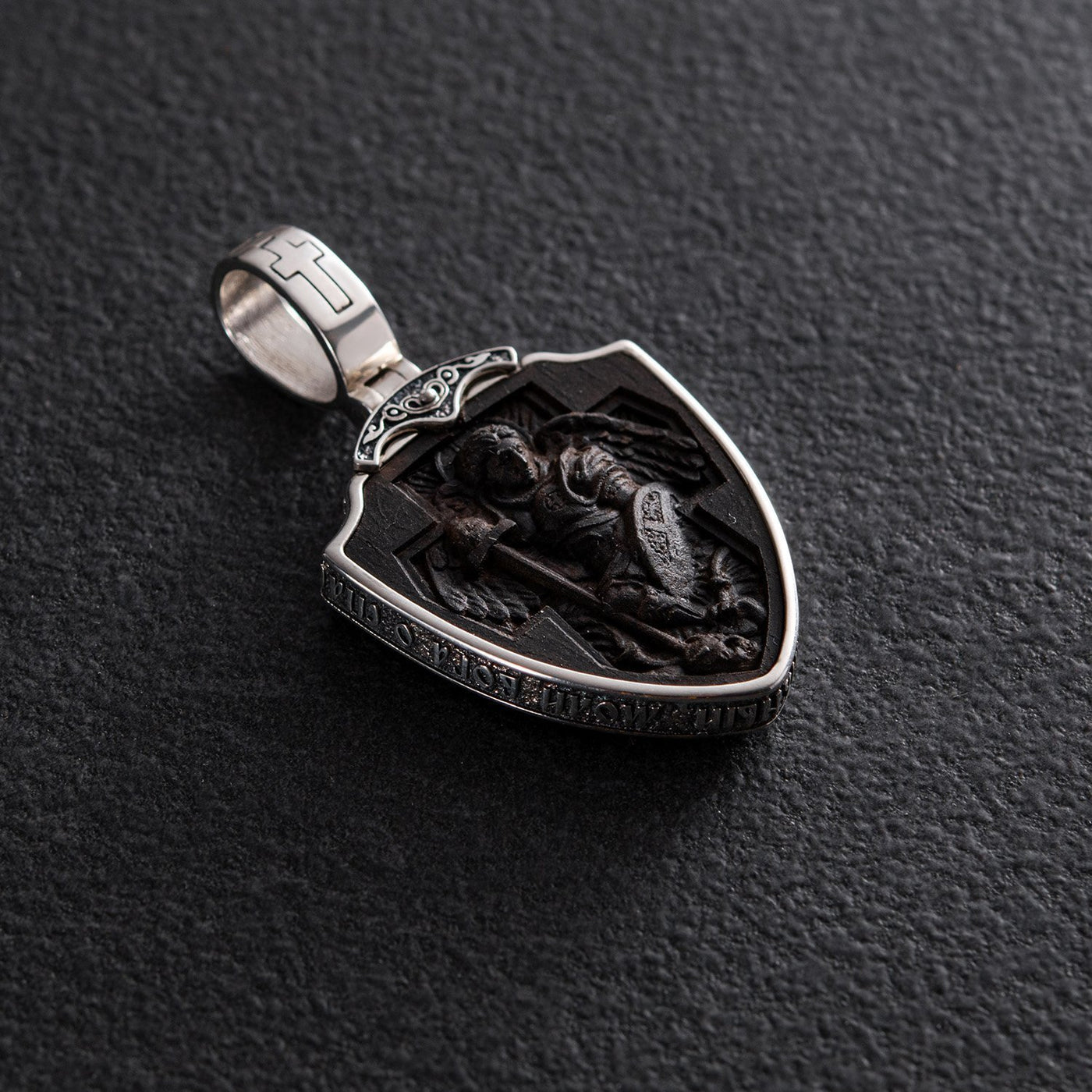 Silver pendant "St. George" with ebony wood