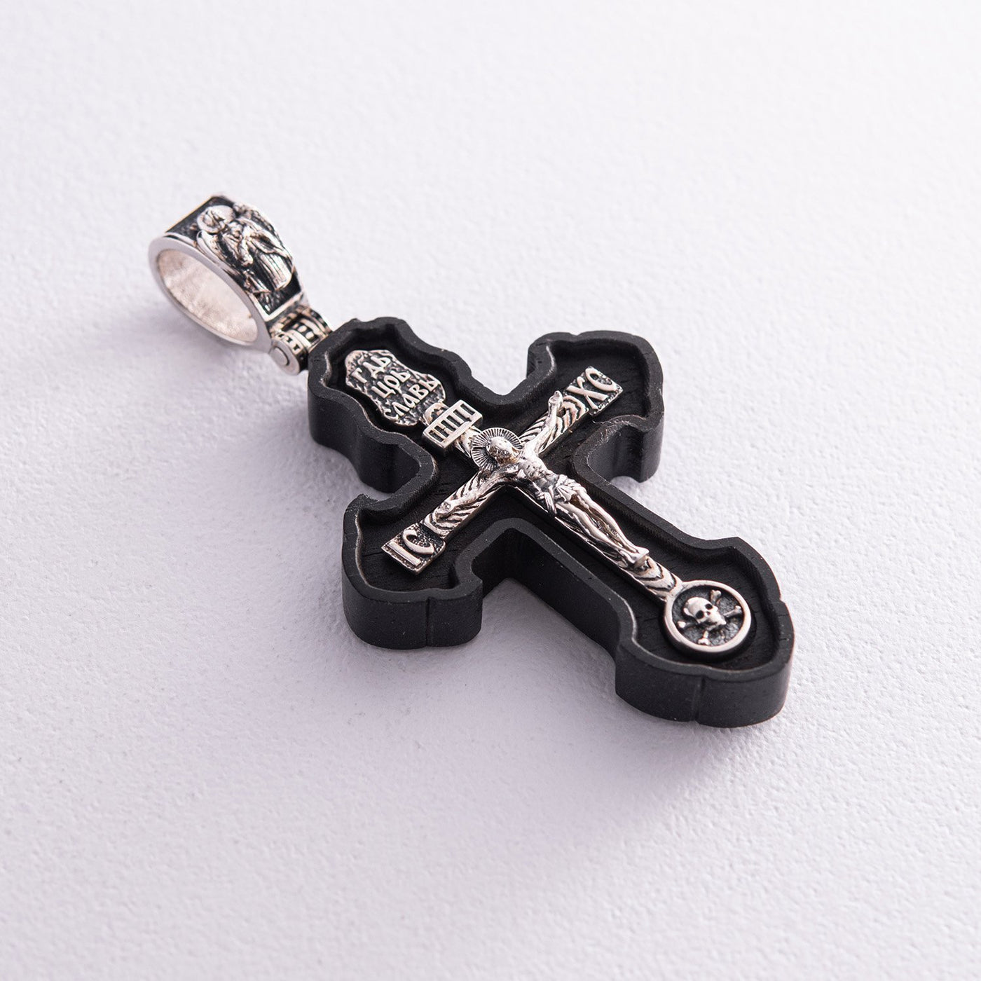 Silver cross "Crucifixion. Save and Protect" with ebony wood