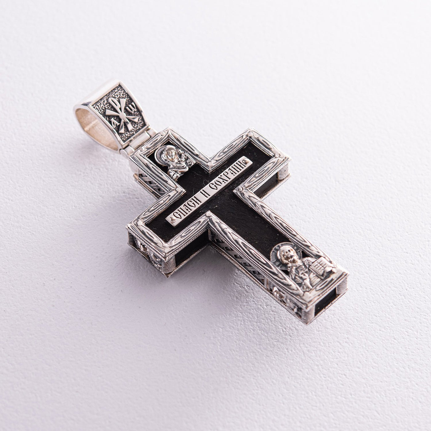 Silver cross "Crucifixion. Save and Protect" with ebony wood