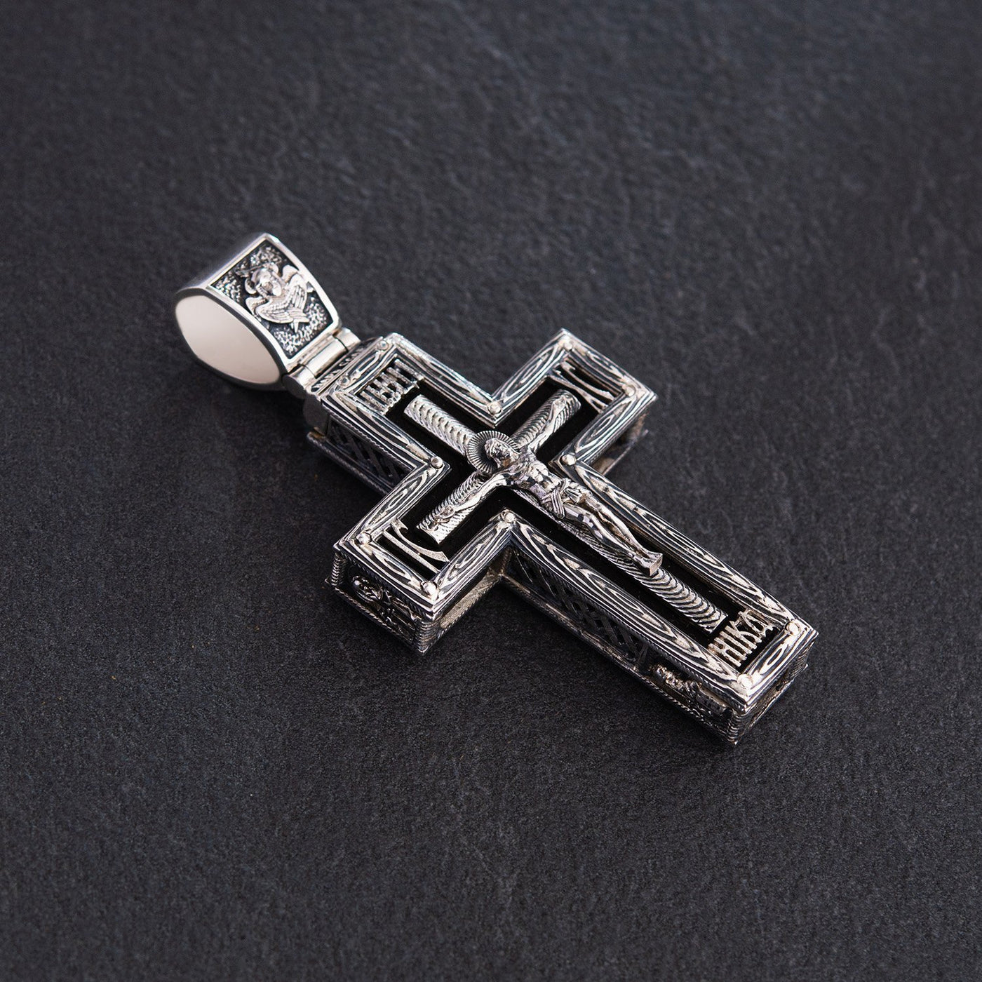 Silver cross "Crucifixion. Save and Protect" with ebony wood