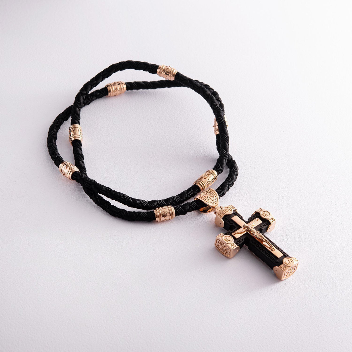 Men's Orthodox cross made of ebony wood and gold "Crucifixion. Save and Protect"