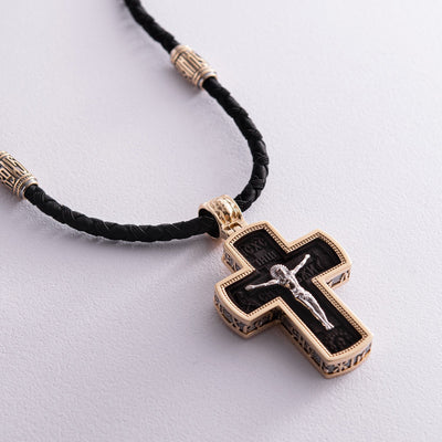 Men's Orthodox cross made of ebony wood and gold "Crucifixion"