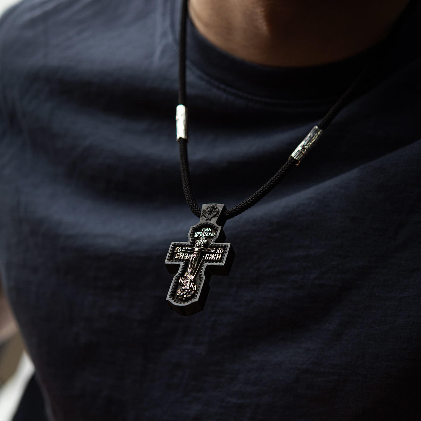 Silver cross "Crucifixion. Save and Protect" on a cord (ebony wood)