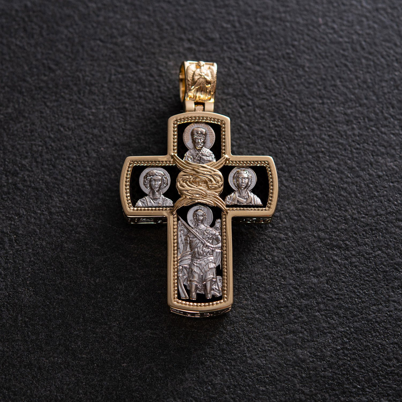 Men's Orthodox cross made of ebony wood and gold "Crucifixion"