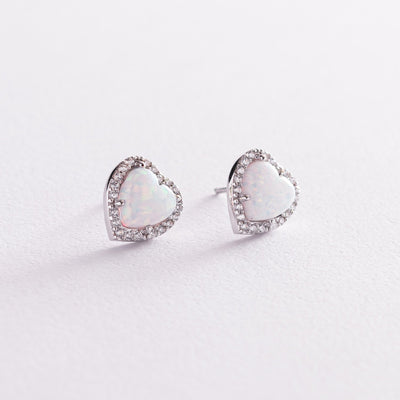 Gold stud earrings Hearts (synthetic opal, cubic zirconia)