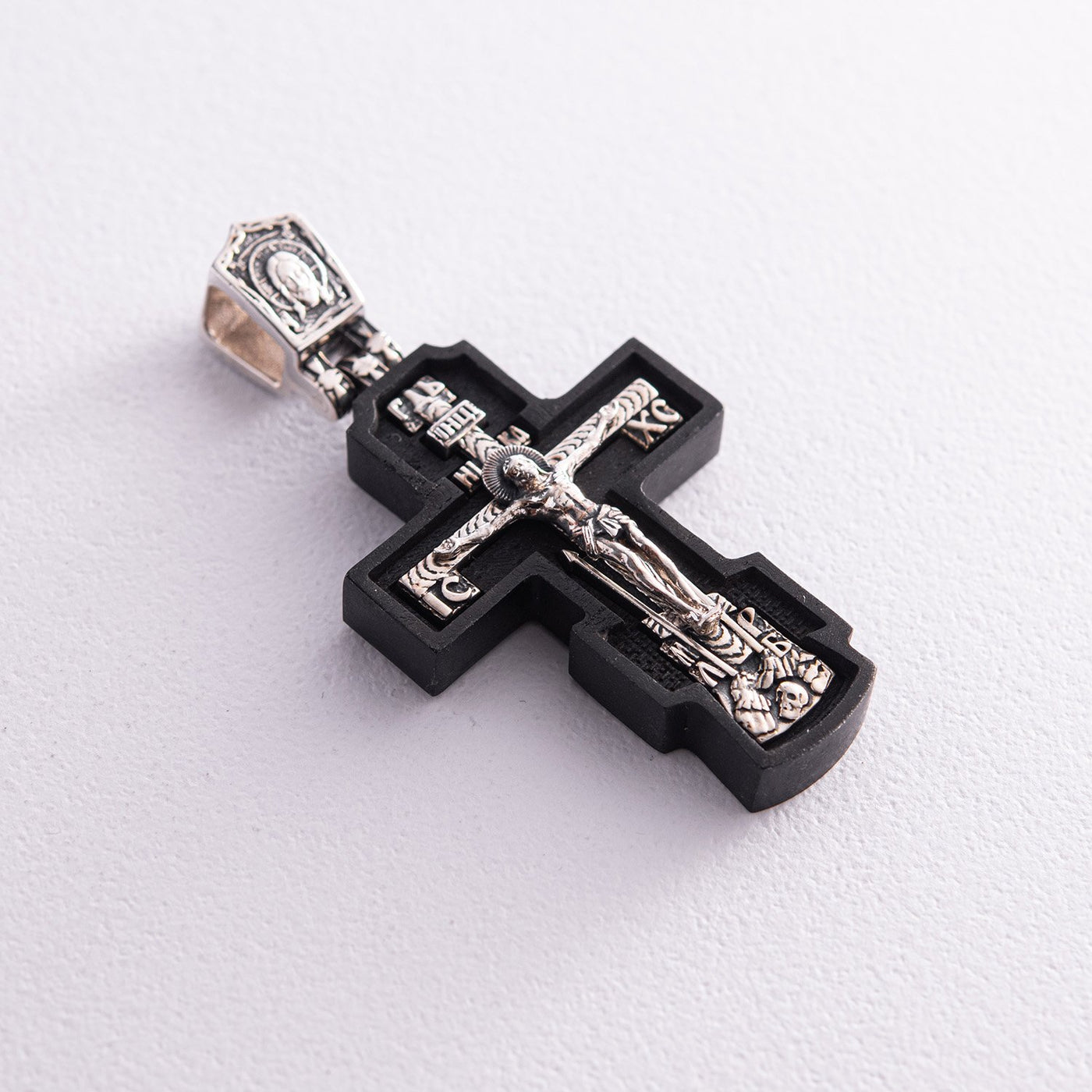 Silver cross "Crucifixion. Save and Protect" with ebony wood