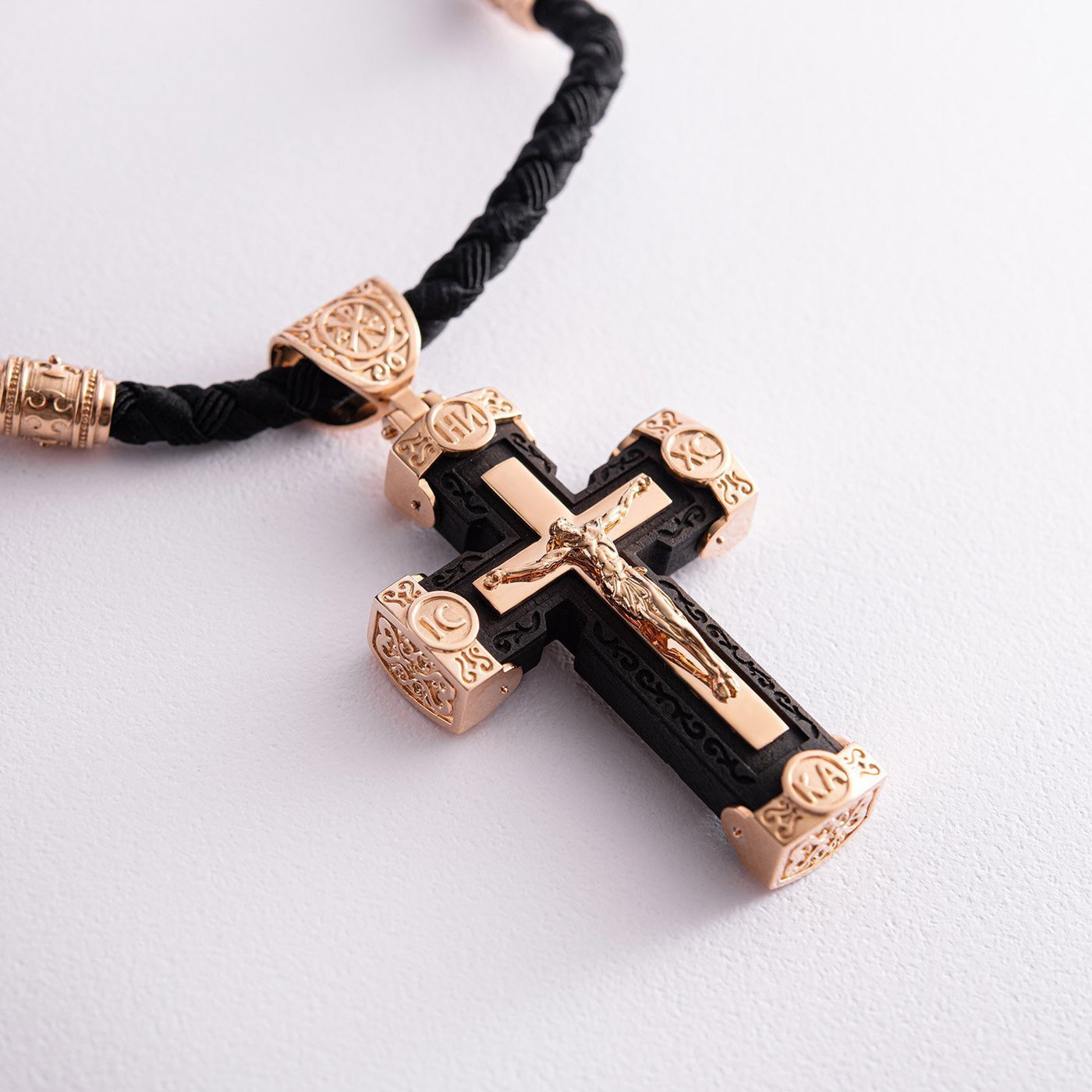 Men's Orthodox cross made of ebony wood and gold "Crucifixion. Save and Protect"