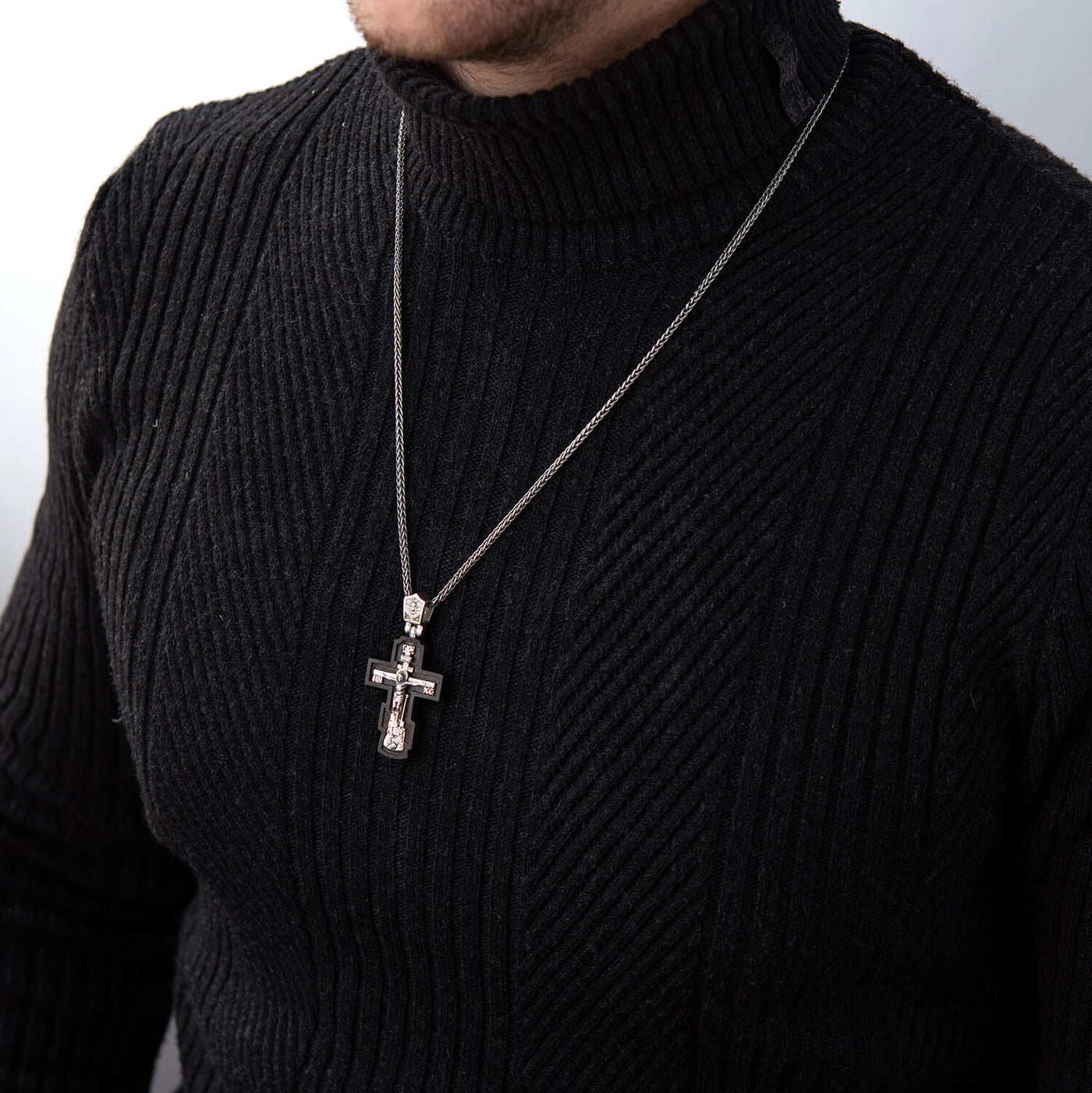 Silver cross "Crucifixion. Save and Protect" with ebony wood