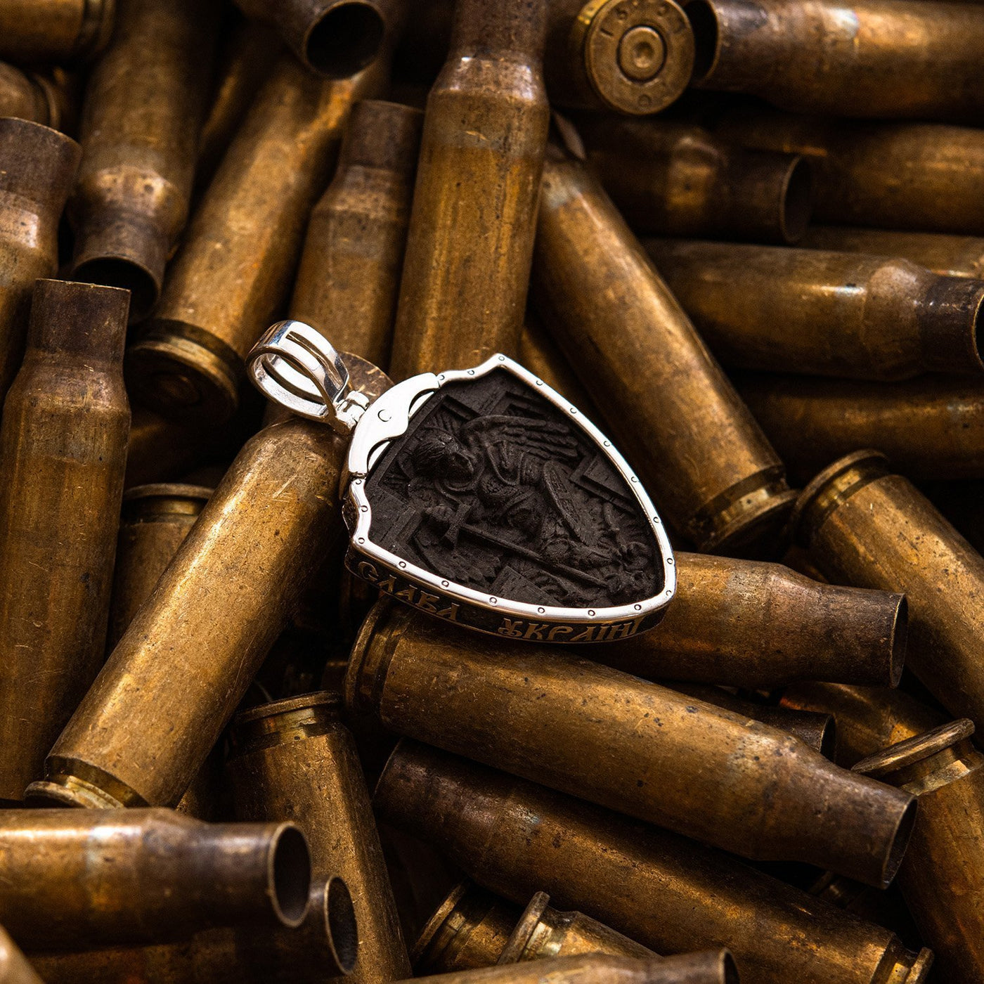 Sterling Silver Pendant "Arms of Ukraine - Trident. Guardian Angel. Glory to Ukraine - Glory to Heroes" with ebony wood