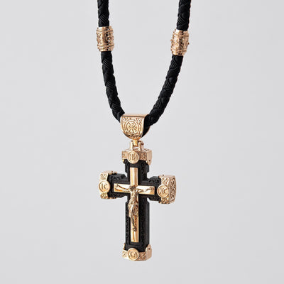 Men's Orthodox cross made of ebony wood and gold "Crucifixion. Save and Protect"