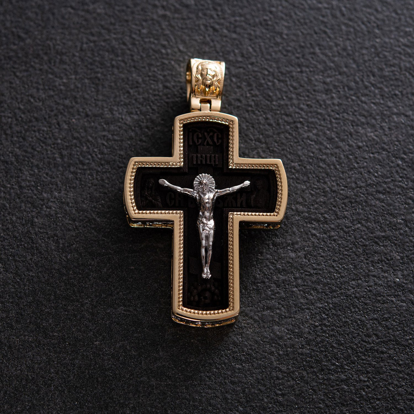 Men's Orthodox cross made of ebony wood and gold "Crucifixion"